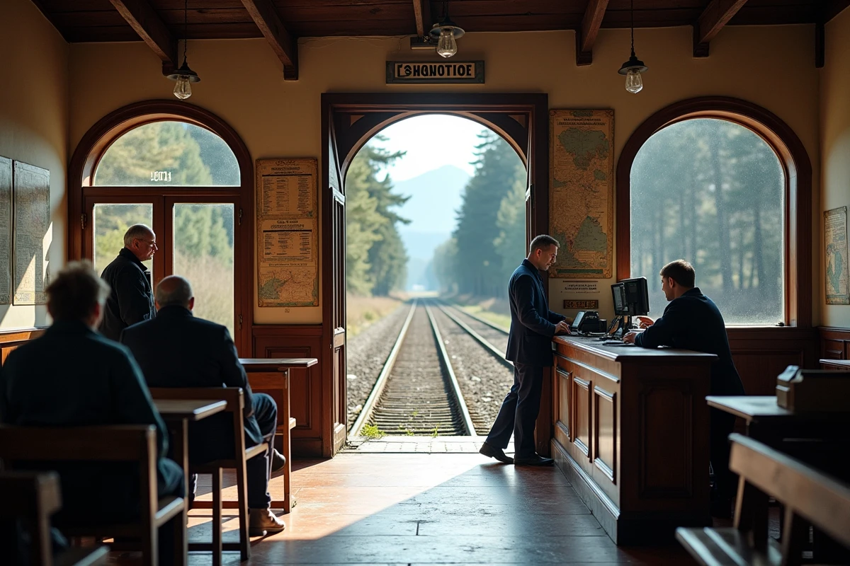Intérieur d'une petite gare rurale des Vosges avec agent SNCF et voyageurs locaux, reflétant l'importance du transport régional pour les habitants des zones montagneuses