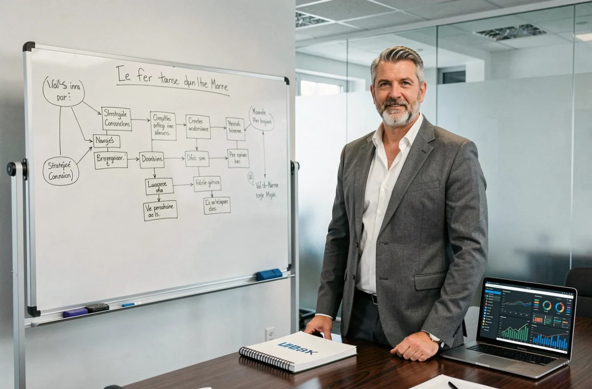Consultant senior de Gen-K Conseil en Val-de-Marne debout devant un tableau blanc avec une architecture de site web stratégique