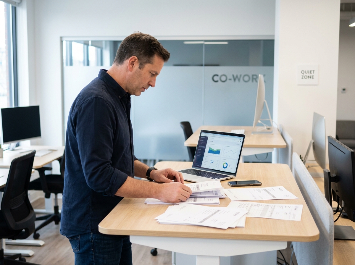 Entrepreneur en PME examinant des factures et un tableau de bord numérique pour automatiser sa gestion administrative