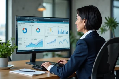 Femme d'affaires analysant un logiciel de gestion centralisée d'entreprise sur un grand écran de bureau dans un open space moderne