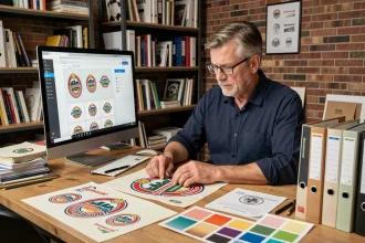 Graphiste consultant des archives de l'ancien logo Intermarché sur un écran et des impressions papier dans un studio professionnel
