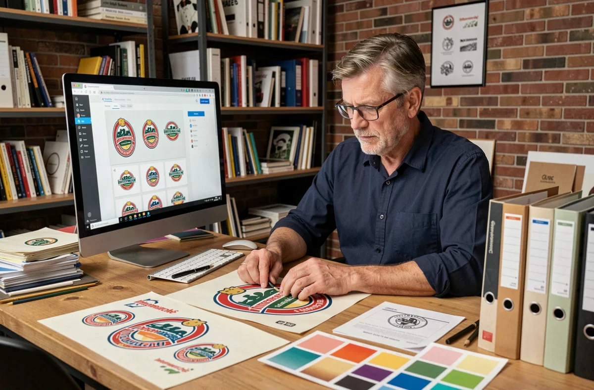 Graphiste consultant des archives de l'ancien logo Intermarché sur un écran et des impressions papier dans un studio professionnel