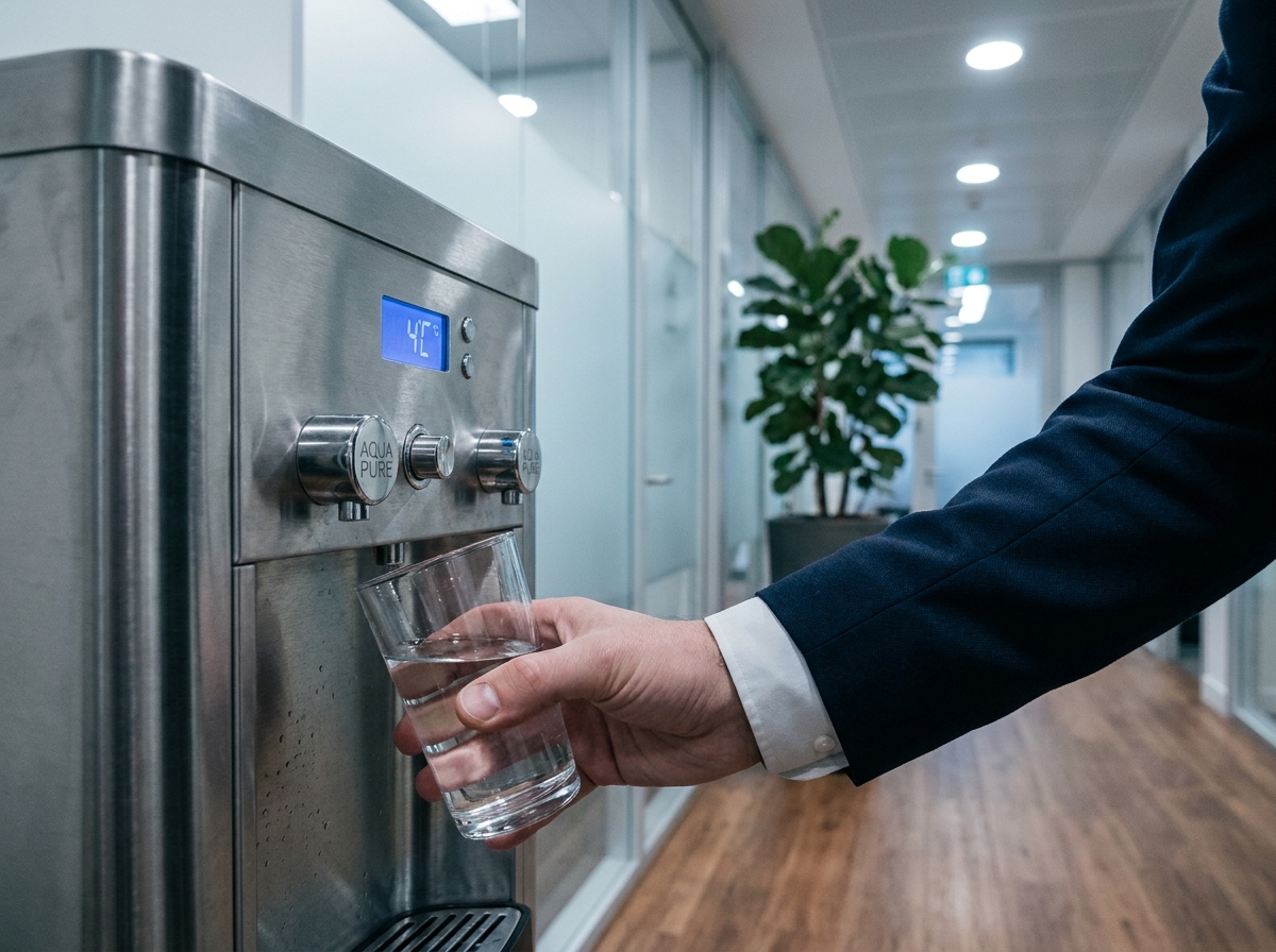 Gros plan sur une fontaine à eau connectée au réseau dans un couloir d'entreprise, main d'un employé pressant le distributeur