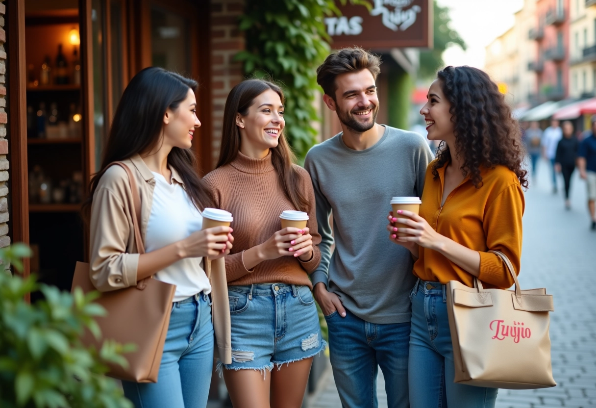 Groupe d amis riant devant un café urbain