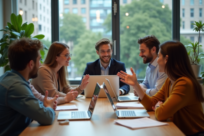 Groupe de jeunes professionnels en brainstorming dans un espace coworking