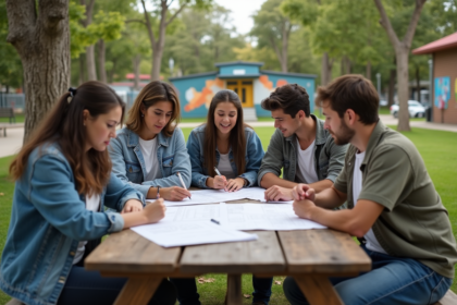 Groupe diversifié travaillant sur des plans en plein air