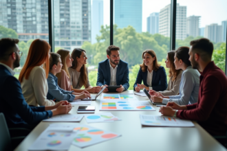 Groupe divers en réunion de planification urbaine durable