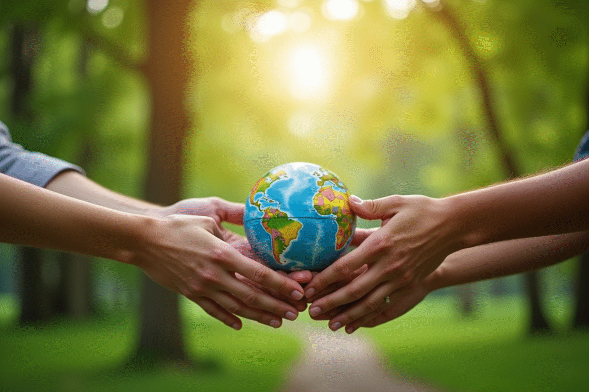 Trois personnes diverses tenant un globe dans un parc vert