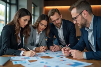 Groupe de professionnels analysant des données en réunion
