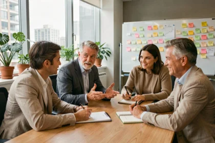 Groupe de professionnels en réunion autour d'une table de conférence échangeant sur des sujets de travail sans répétitions