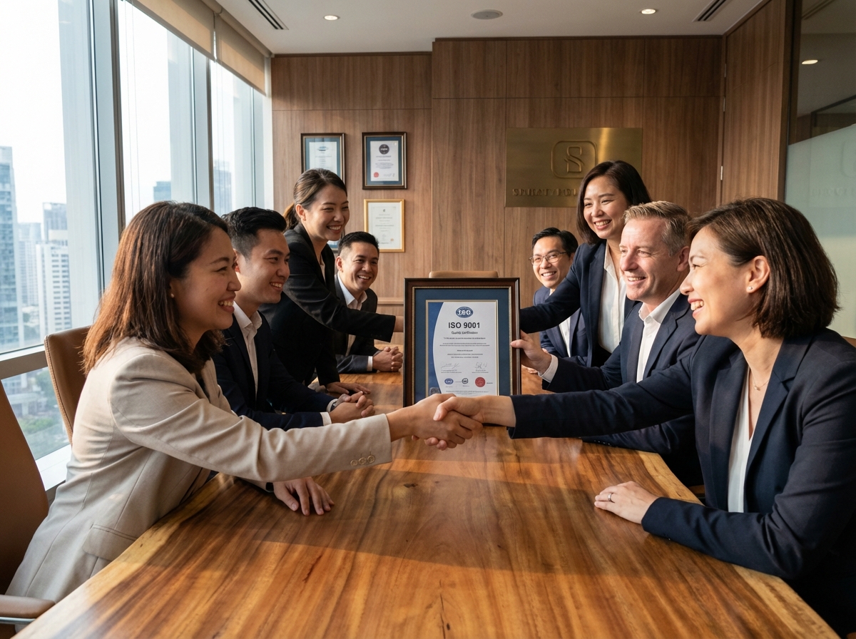 Groupe de professionnels célébrant une certification dans une salle de réunion