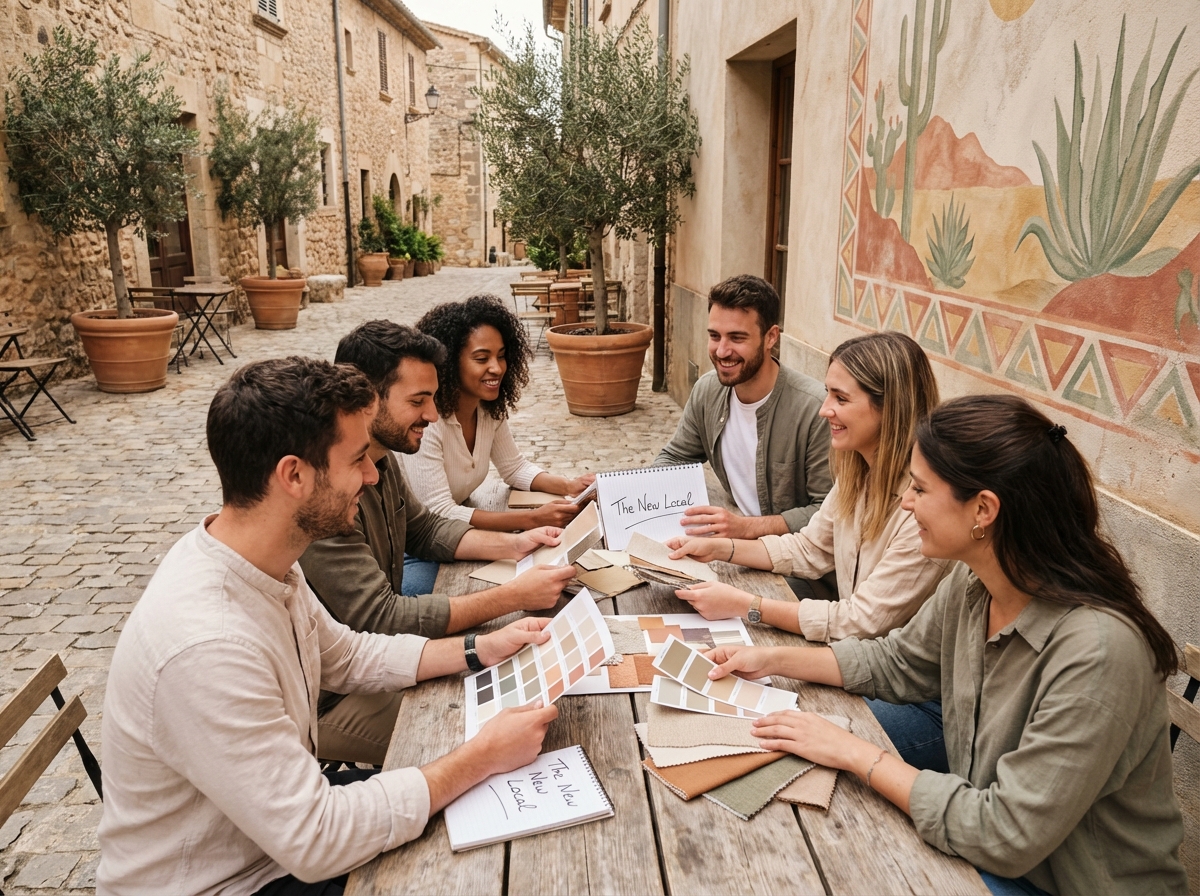 Groupe de jeunes adultes partageant des moodboards en terrasse
