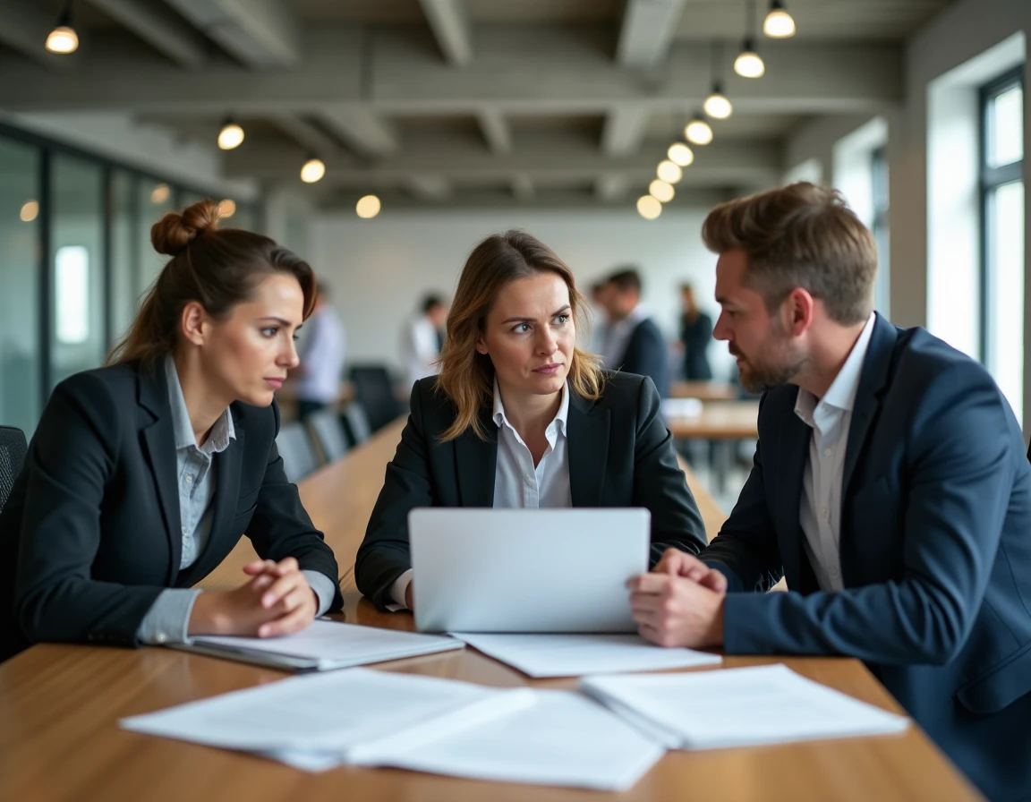 Groupe de collègues discutant des conditions d'un plan de départs volontaires et des droits à l'allocation de sécurisation professionnelle en entreprise