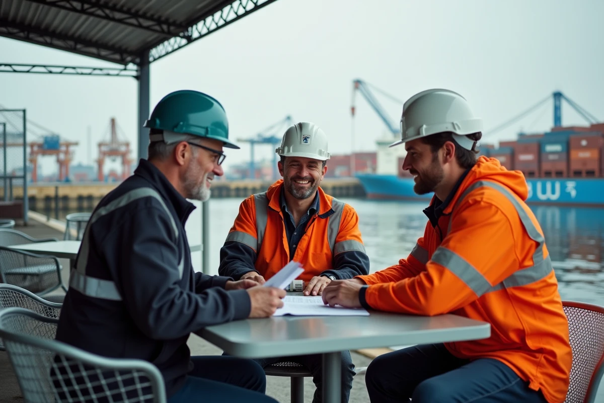Groupe de salariés portuaires discutant de documents RH dans une zone de pause en bord de quai