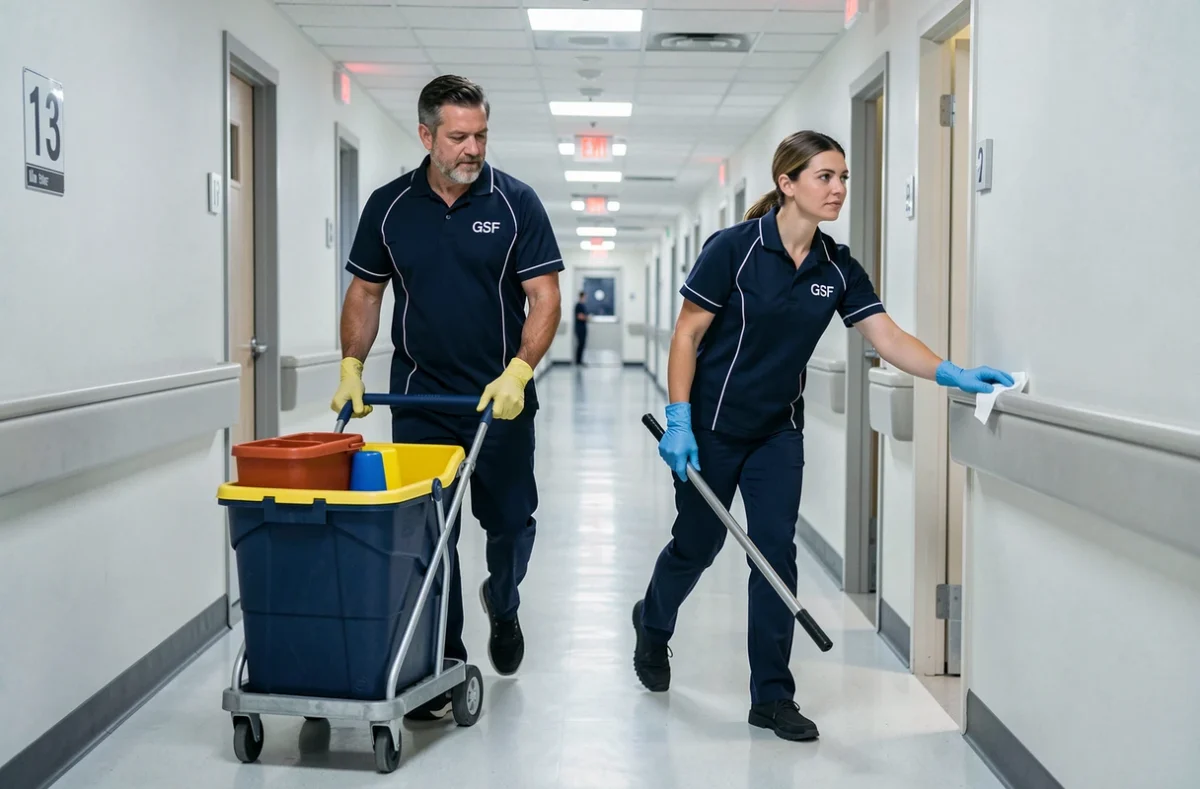 Équipe GSF en uniforme réalisant l'entretien d'un couloir d'établissement de santé