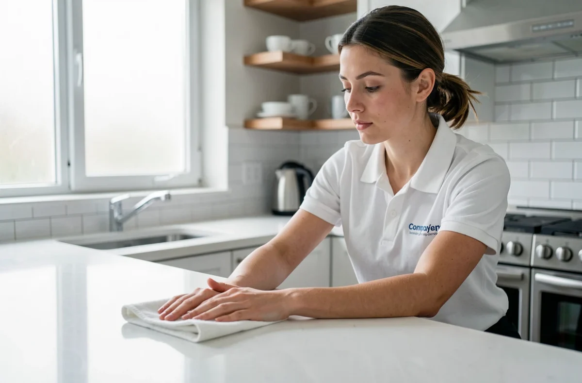 Technicienne de nettoyage Hellopure essuyant un plan de travail dans une cuisine moderne