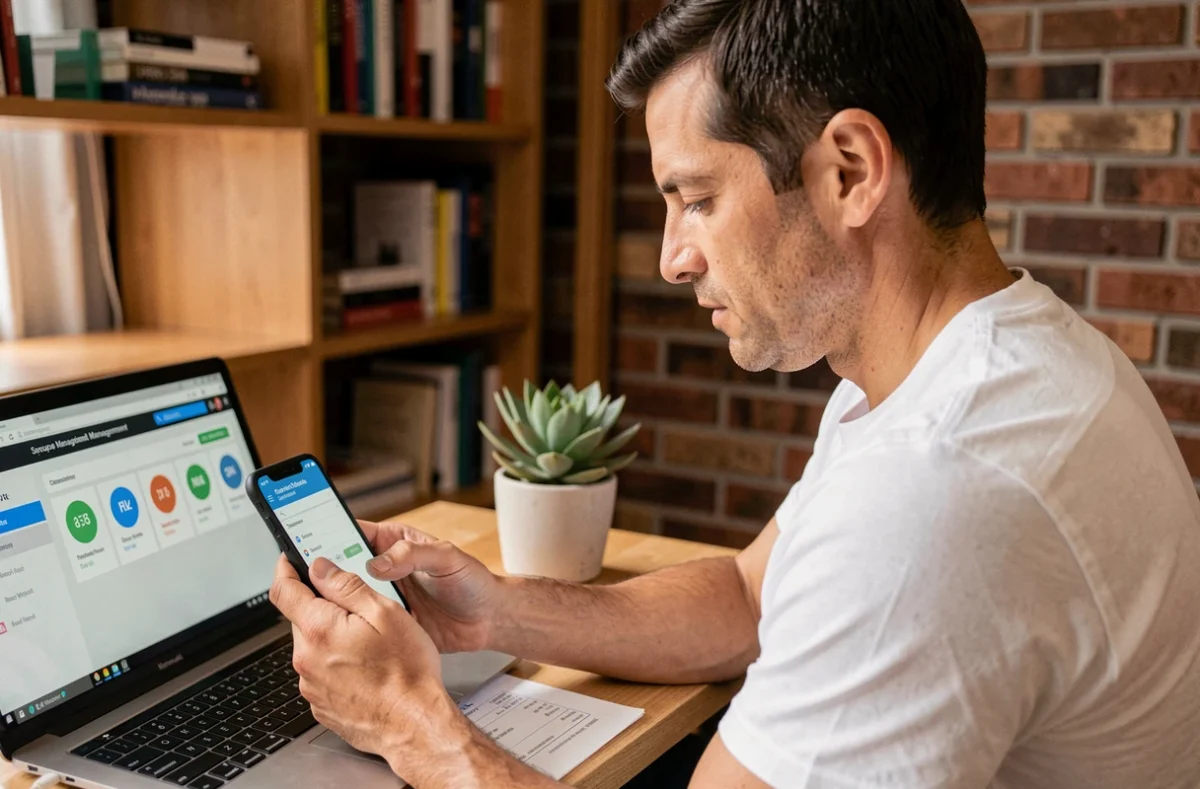 Homme accédant à ses documents RH sécurisés via une application mobile depuis son bureau à domicile