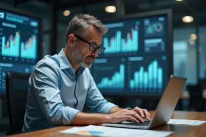 Homme d'affaires concentré analysant des données de vente