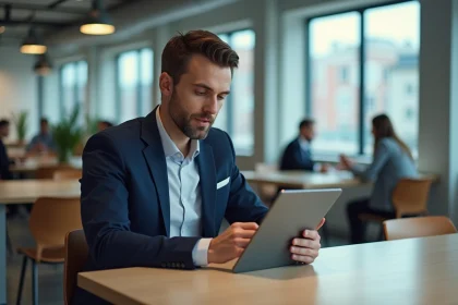 Homme d'affaires en blazer navy dans un espace coworking