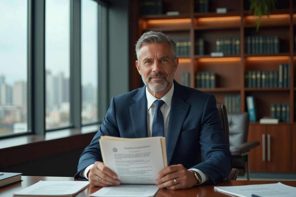 Homme d'affaires en costume tenant des documents officiels