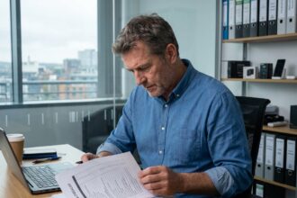 Homme d'affaires concentré analysant checklists ERP