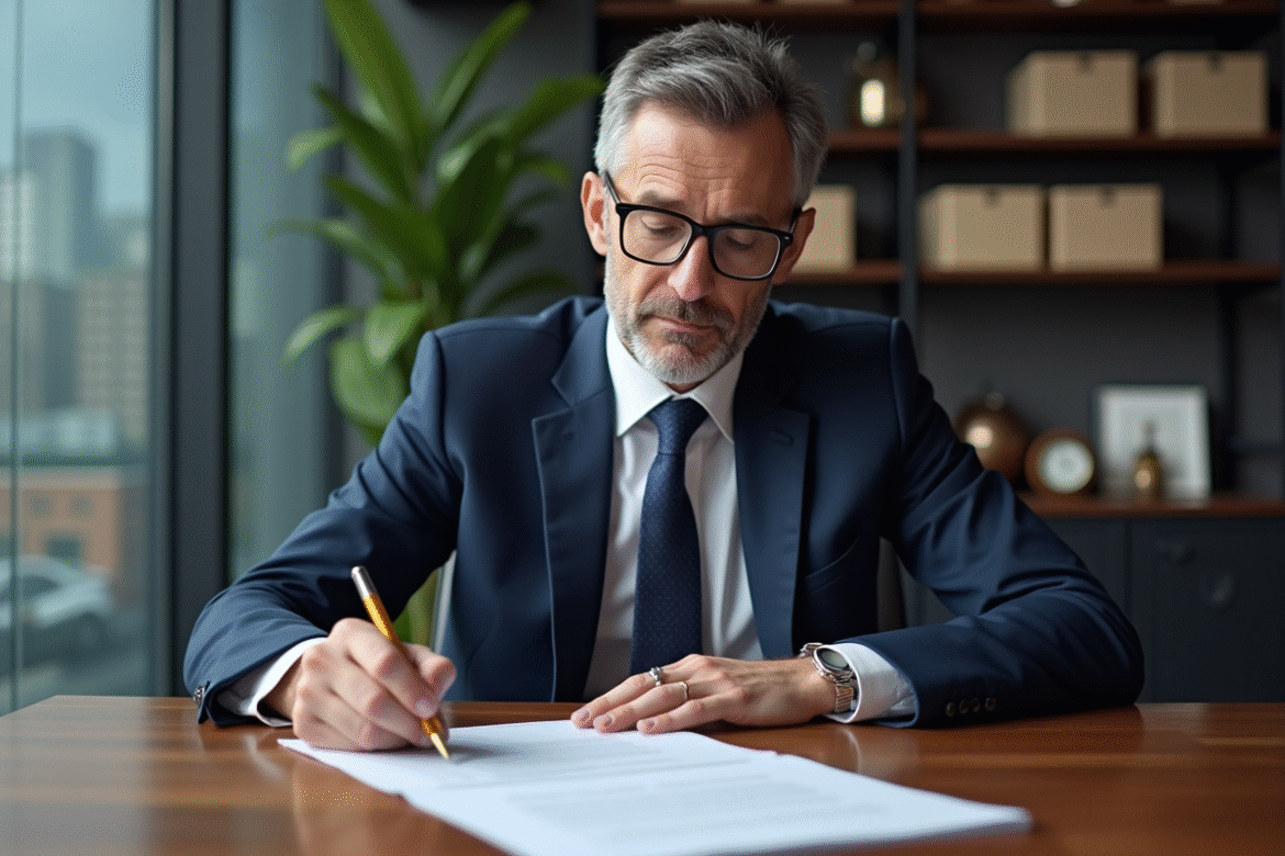 Homme d'affaires en costume lisant des documents juridiques