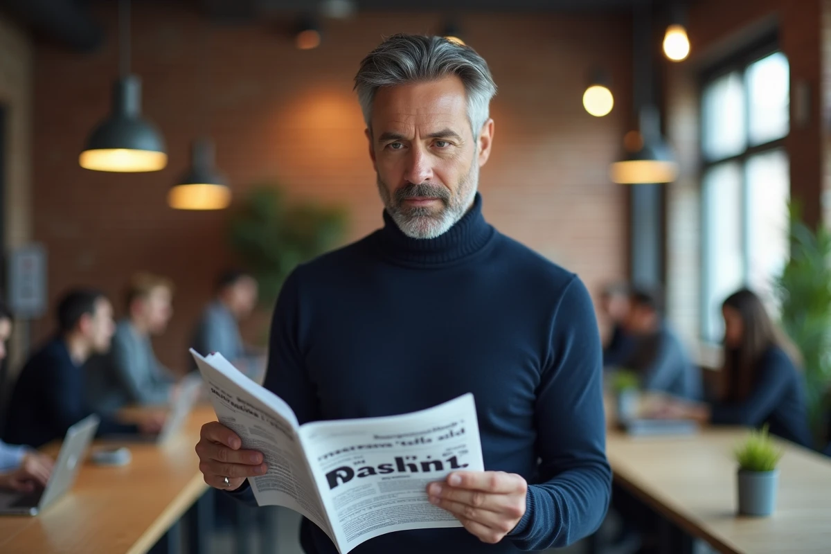 Homme d'affaires lisant un magazine de tendances business dans un espace de coworking