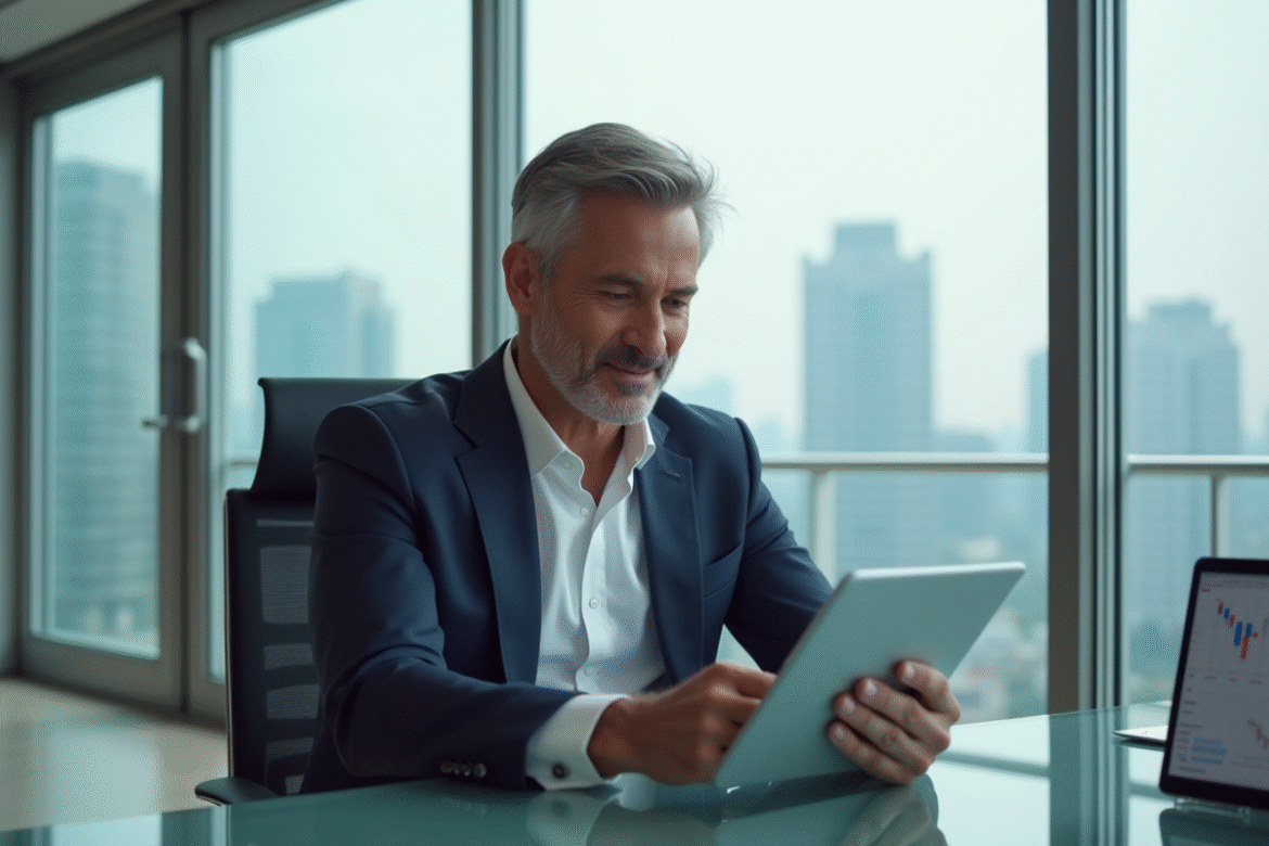 Homme d'affaires en costume regardant une tablette financière