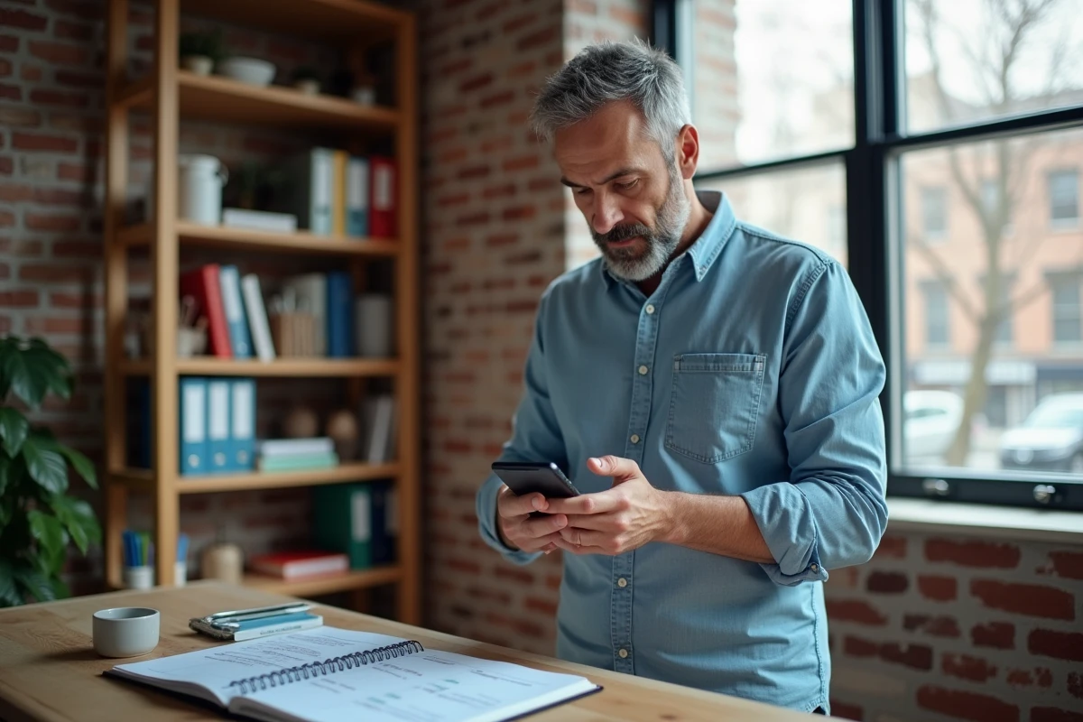 Homme consultant une application calendrier et un agenda papier pour compter les jours ouvrables