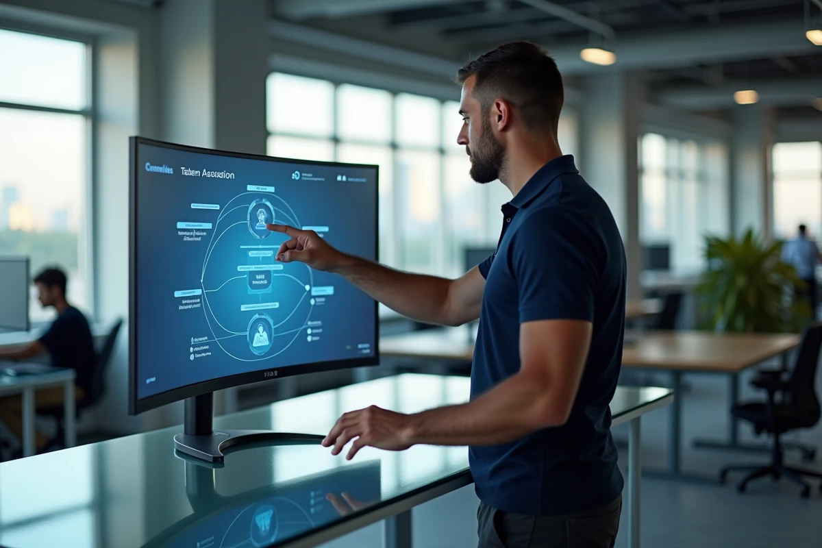 Professionnel masculin automatisant ses tâches avec une interface d'IA conversationnelle sur un double écran dans un bureau en open space