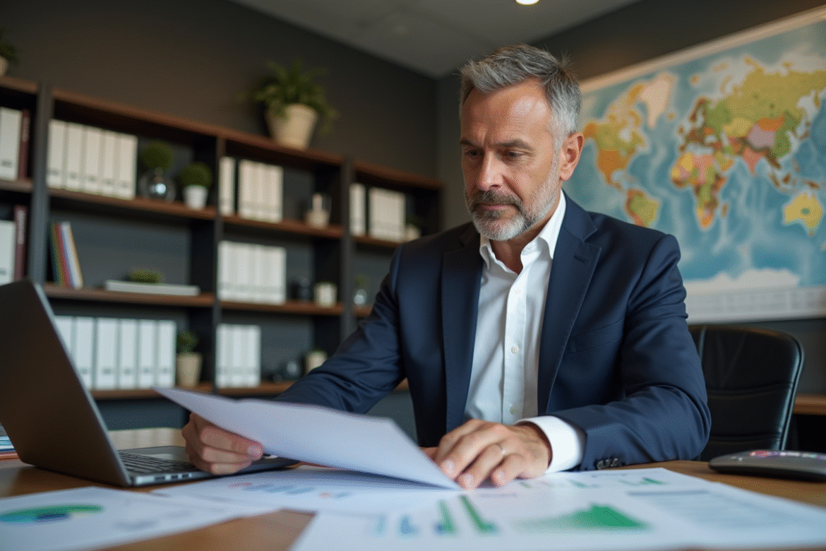 Homme en costume bleu examine des documents financiers