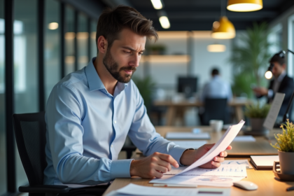 Homme d'affaires concentré analysant un rapport au bureau