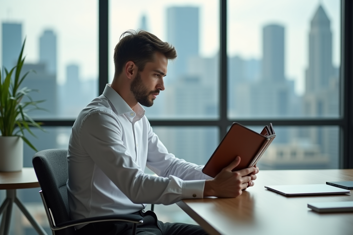 Jeune homme en chemise blanche et pantalon en ville avec un portfolio