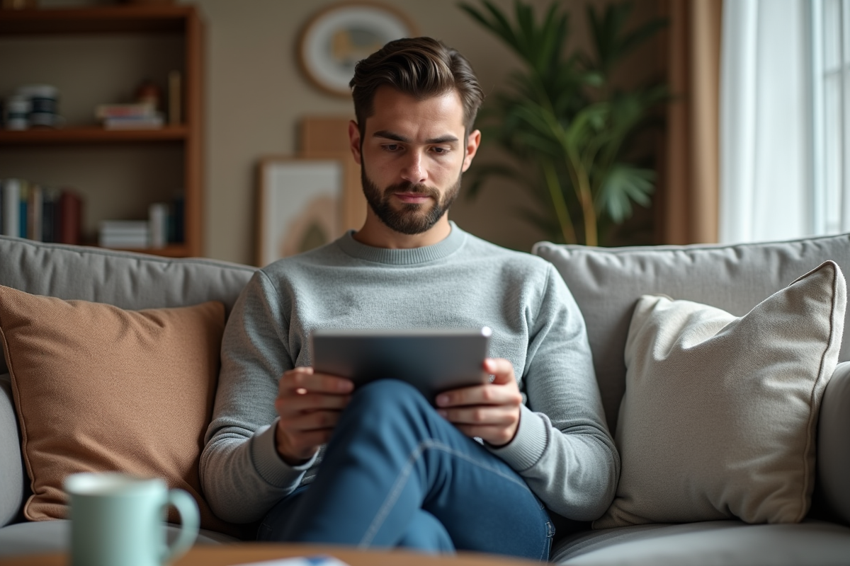 Jeune homme lisant un email sur une tablette dans un salon cosy