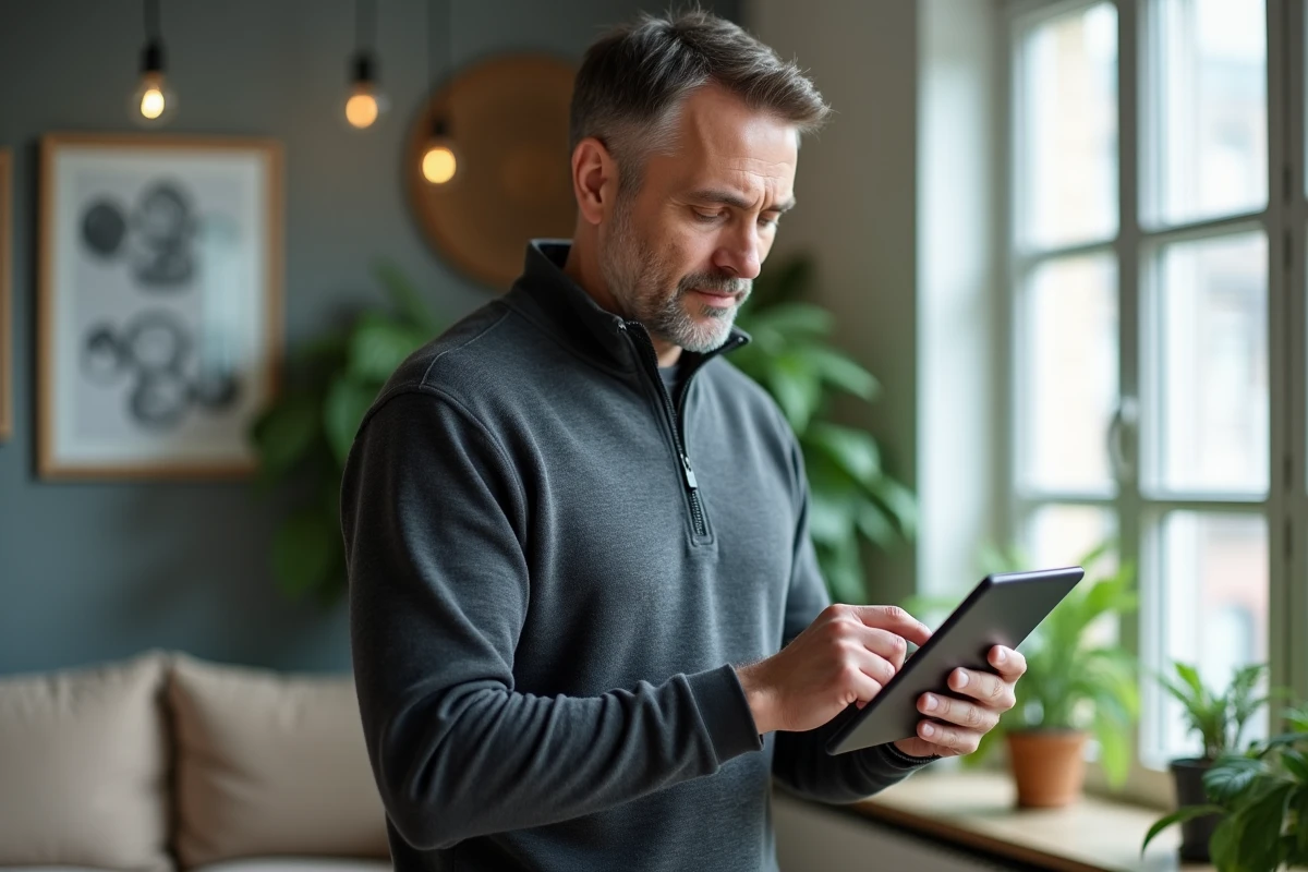 Homme d'âge mûr consultant une page de service client Orange sur une tablette pour trouver le bon numéro de téléphone
