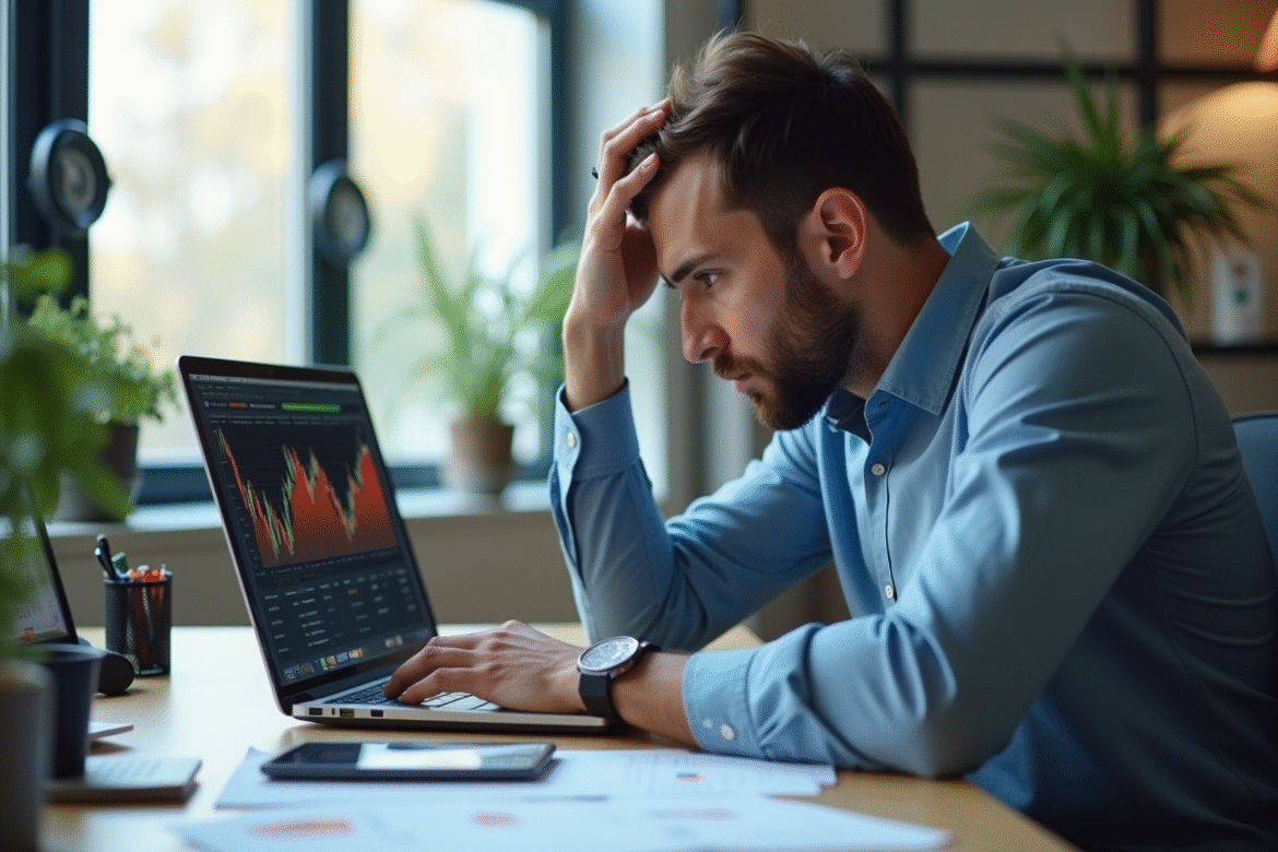 Homme inquiet analysant des graphiques de cryptomonnaies sur son ordinateur dans un bureau lumineux
