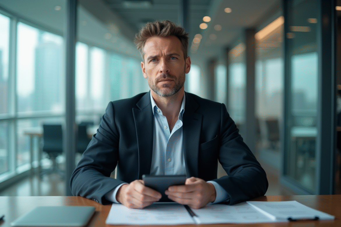 Homme d'affaires en bureau moderne avec vue urbaine