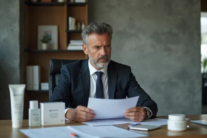 Homme d'affaires en réunion avec produits de soin visage