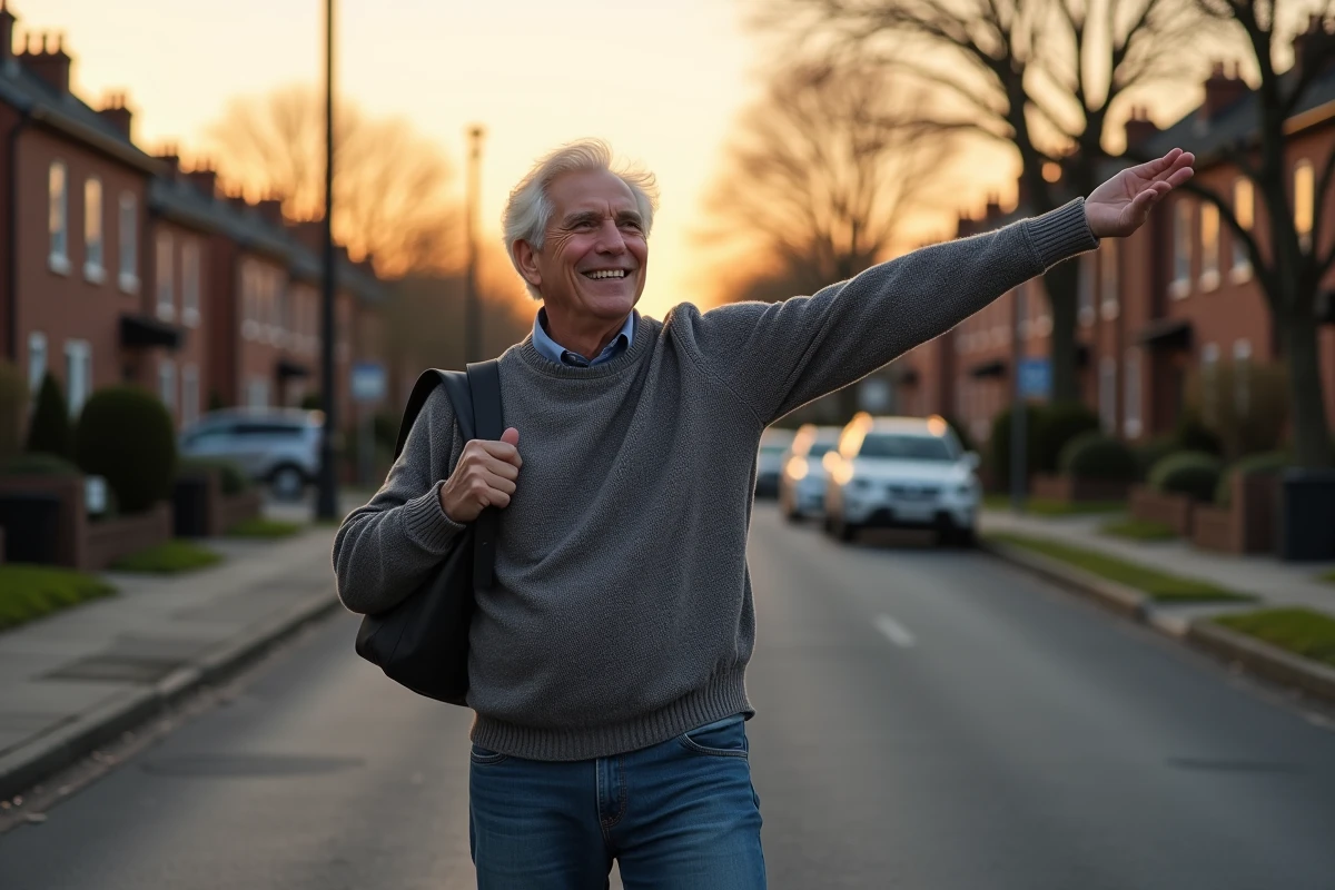 Homme en pull et jean se levant dans une rue tranquille au matin
