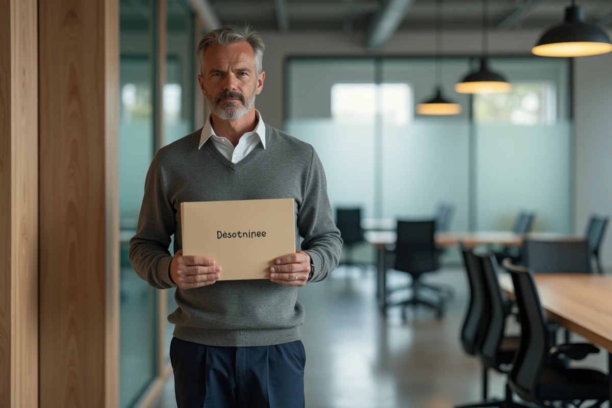 Homme tenant une enveloppe de demission dans une salle de pause