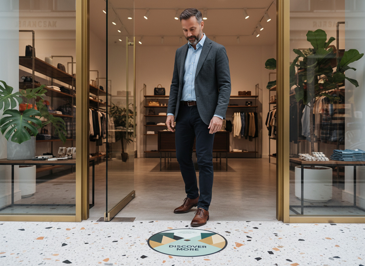 Homme regardant un sticker marketing à l