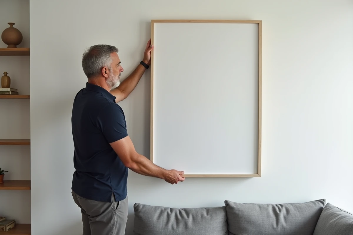 Homme installant un tableau décoratif imprimé sur mesure dans un salon scandinave minimaliste