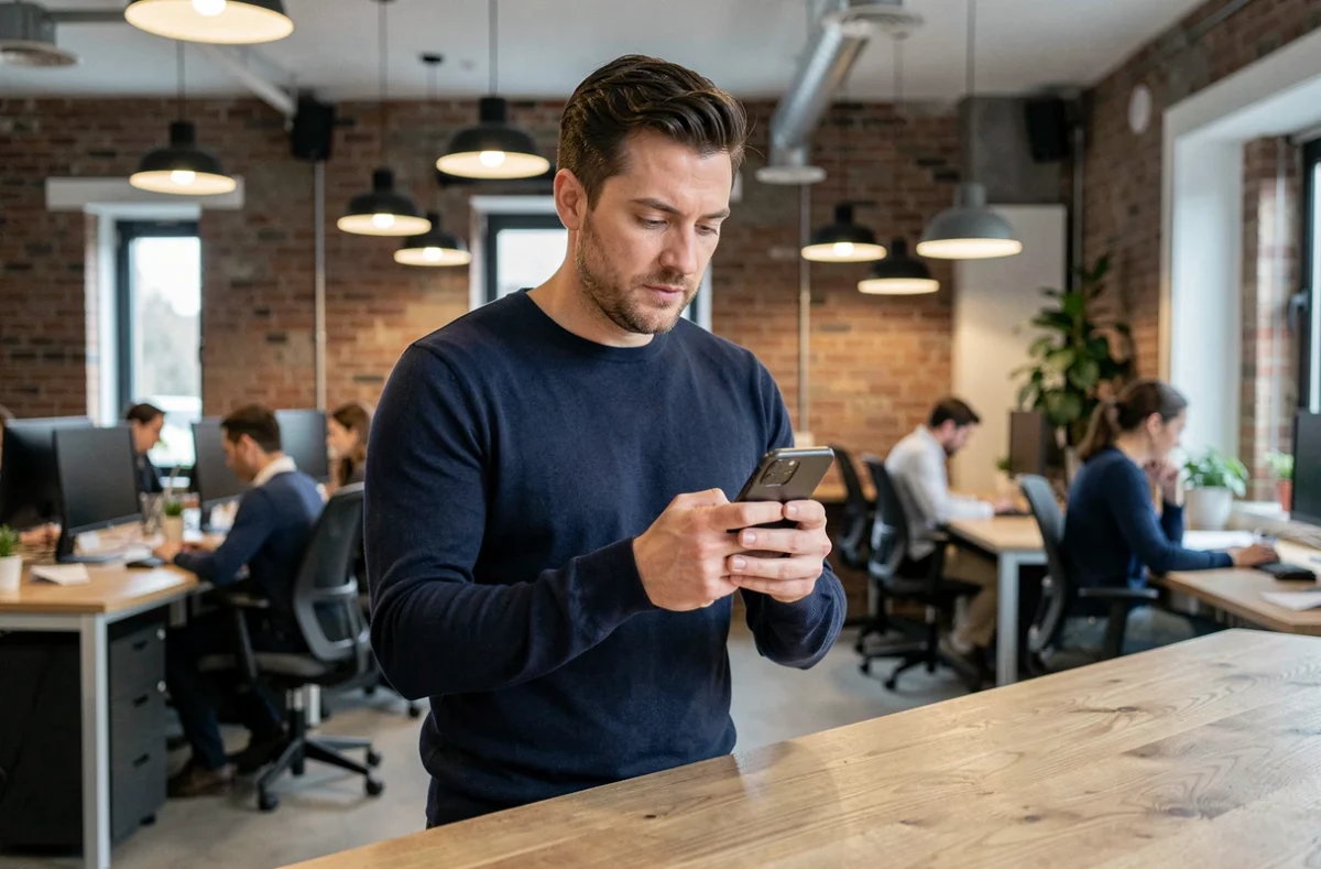 Homme en espace de coworking consultant un post LinkedIn sur smartphone avec mise en forme en texte gras