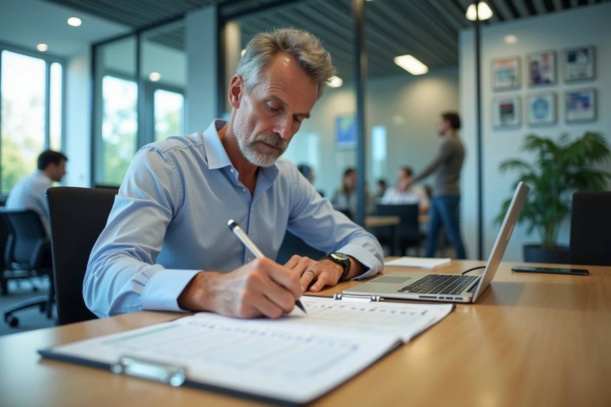 Homme au bureau marquant des dates sur un calendrier papier