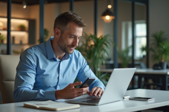 Homme professionnel en bureau moderne avec ordinateur et smartphone