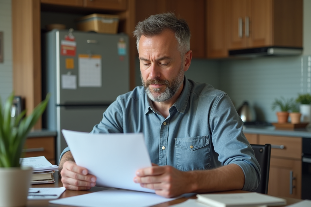 Homme relisant un contrat dans sa cuisine avec des colis autour