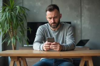 Homme d'âge moyen regardant son smartphone dans un appartement