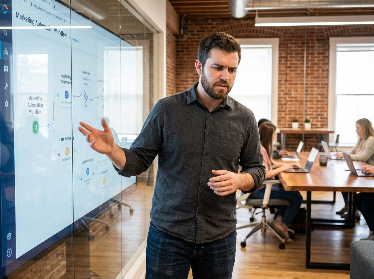 Homme interagissant avec un grand écran CRM dans un espace coworking