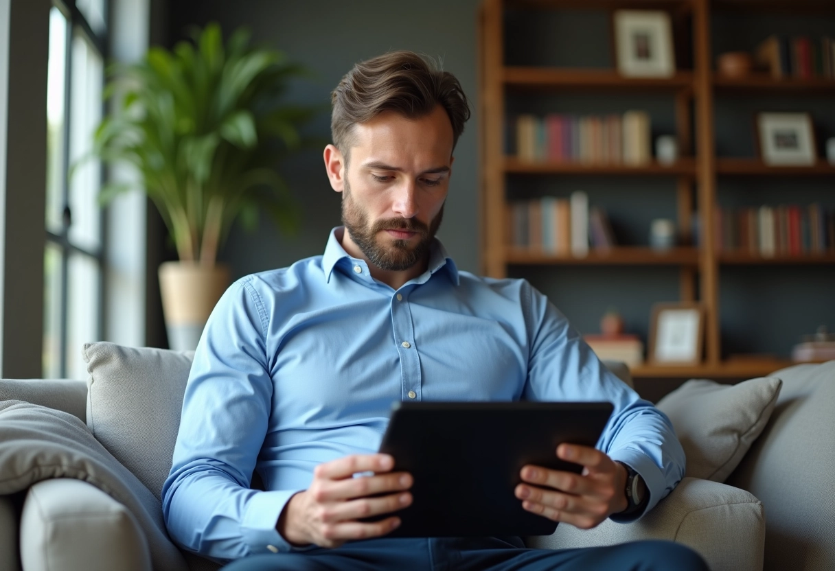 Homme à la maison consultat documents RH sur sa tablette