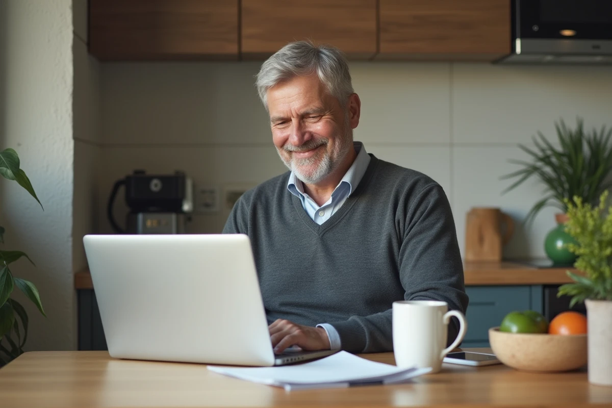 Homme d age travaille sur son ordinateur dans une cuisine lumineuse